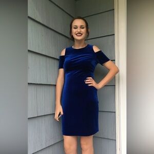 Gently Used (1 time) royal blue open shoulder Calvin Klein velvet dress Size 12